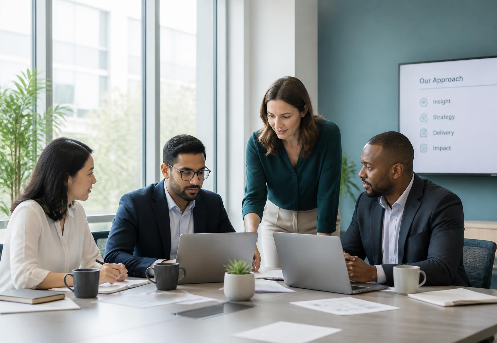 Equipa de consultores em reunião num escritório luminoso